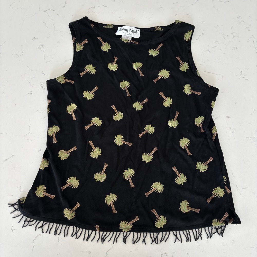 90s Vintage Ronni Nicole Tropical Palm Tree Beaded Fringe Tank Top Petite 8P